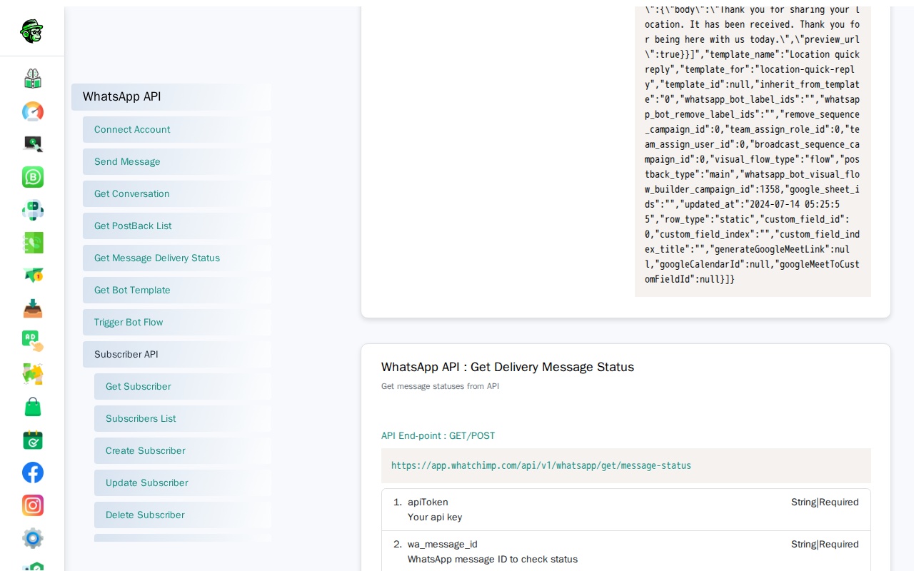 Message Delivery Status endpoint showing parameters and response in the API console