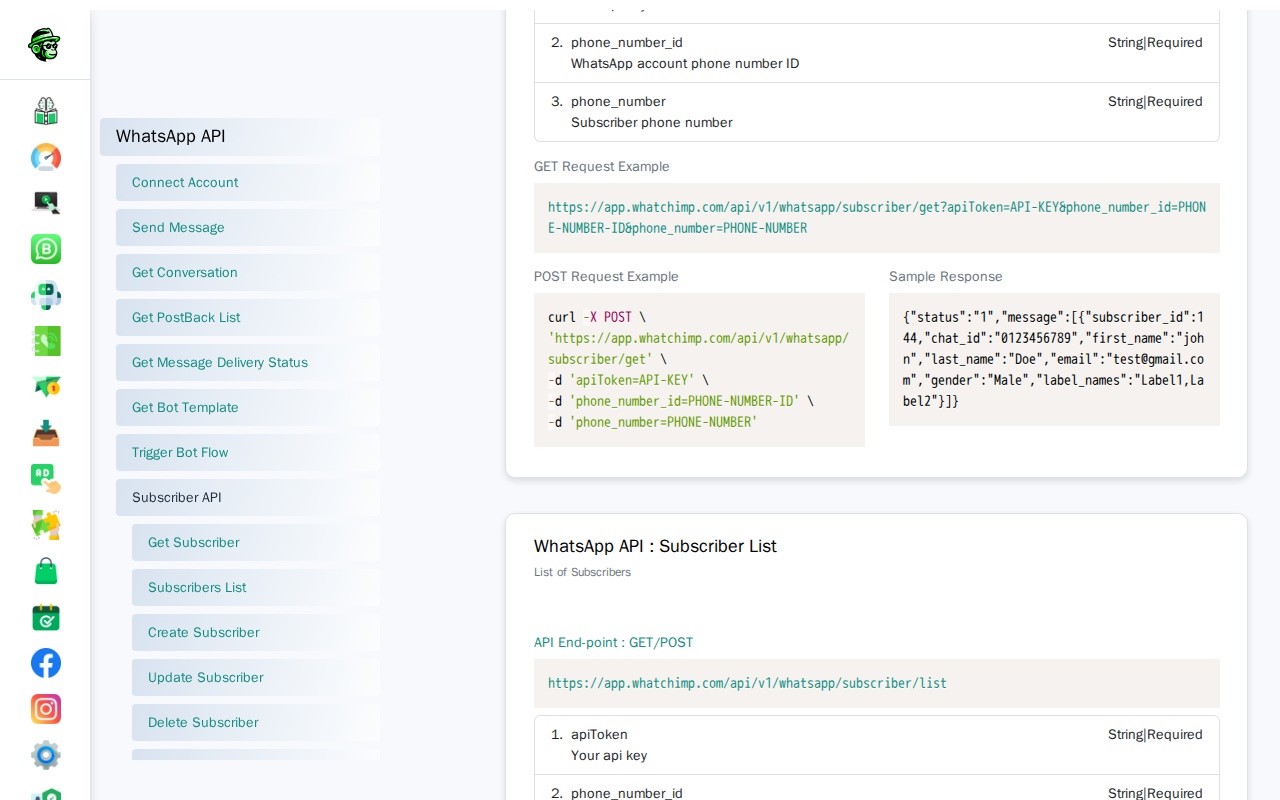 Get Subscriber endpoint in the API console showing parameters and sample response