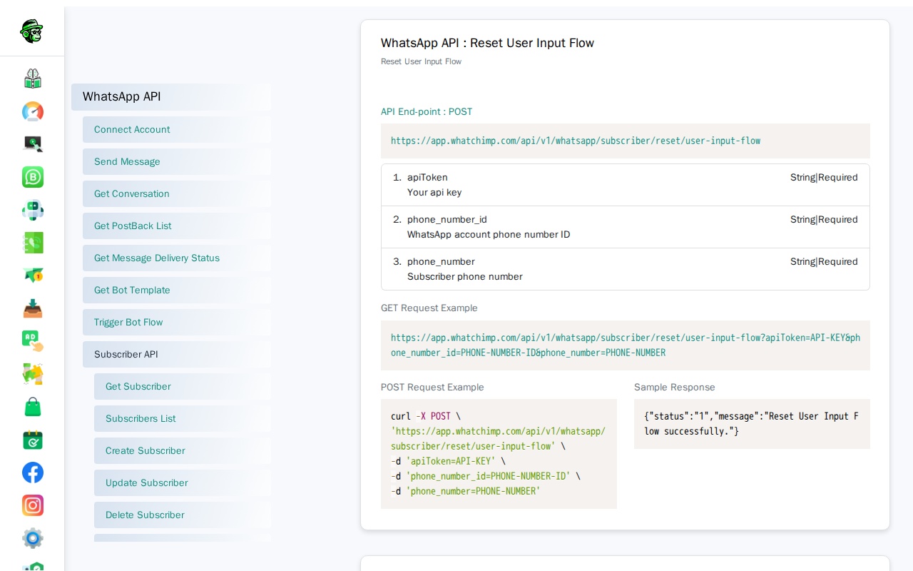 Reset User Input Flow endpoint in the API console showing the endpoint URL and parameters