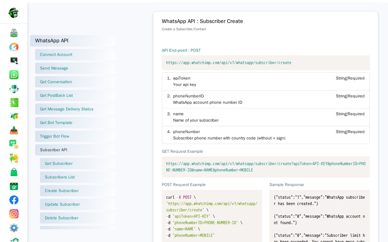 Create Subscriber endpoint in the API console showing parameters and response examples