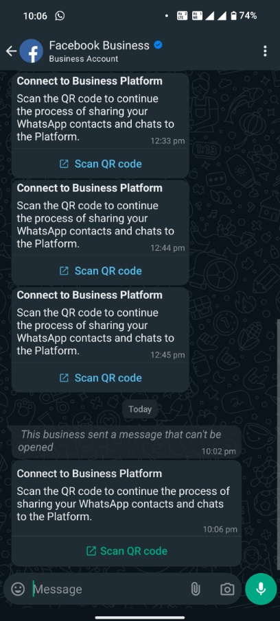 You'll receive messages from Facebook Business — tap Scan QR code to complete the link