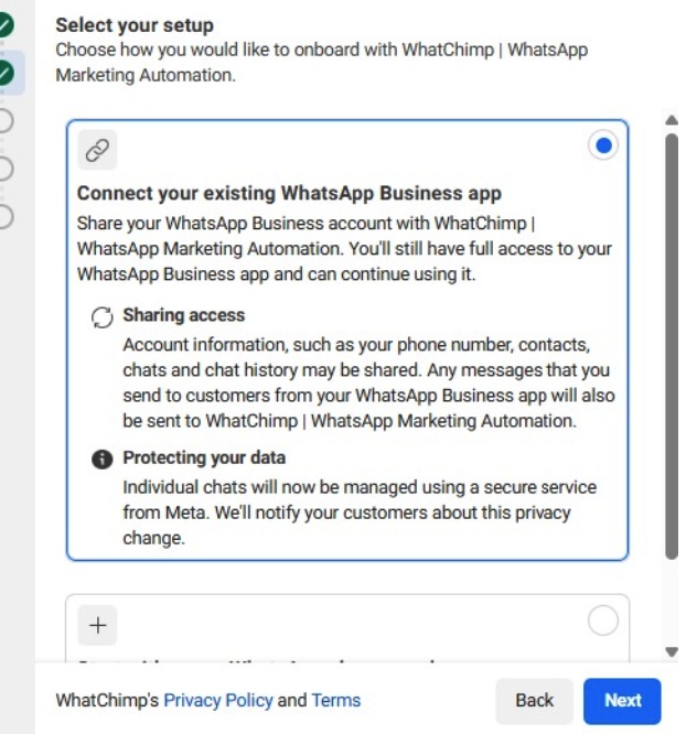 The co-existence screen confirms your Business App stays active and your data is shared securely